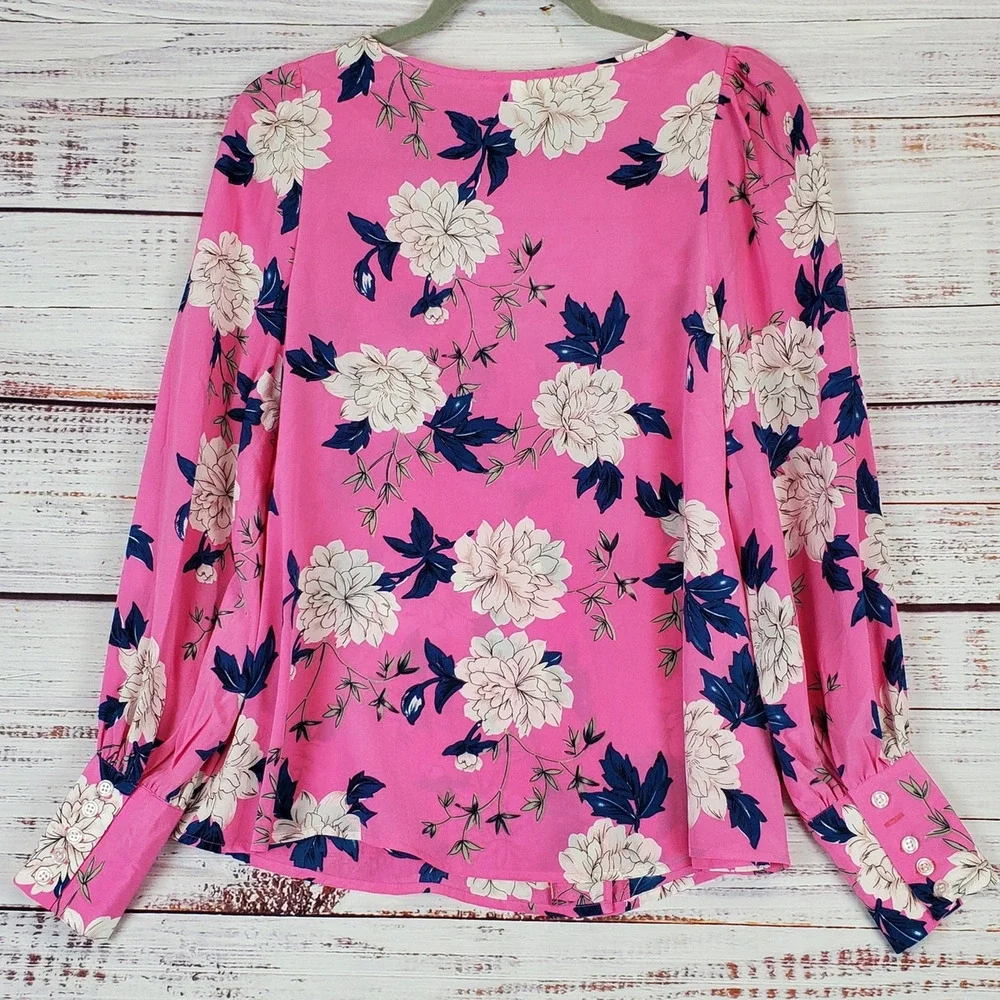 Yumi Kim Velvet Morning Hot Pink Floral Blouse S Silky Puff Sleeves Tropical Top